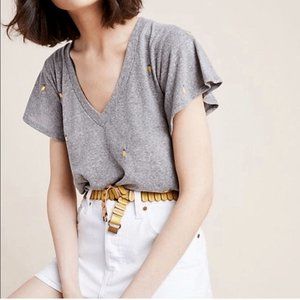 Anthropologie T.LA Gray Embroidered Lemon V-Neck Shirt